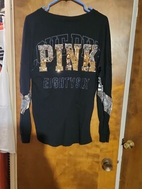 PINK Victoria's Secret Black Long Sleeve Tee with Gold Sequin Logo